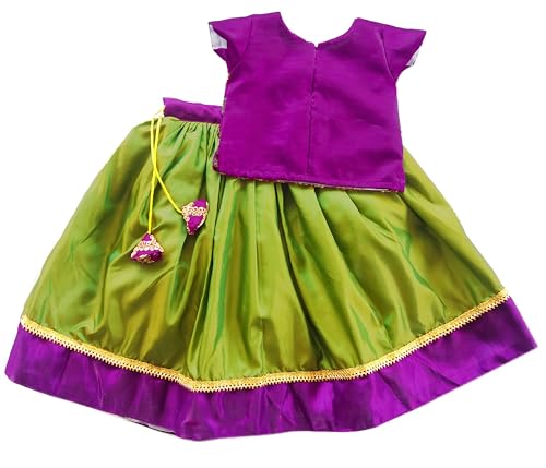 Stanwells Kids Lehenga Choli for Girls Olive Green & Purple Silk Cotton Pattu Pavadai Readymade Embroidered Traditional Stylish Ethnic Wear Dress for Baby Girls Kids Lehenga (7-8 Months)