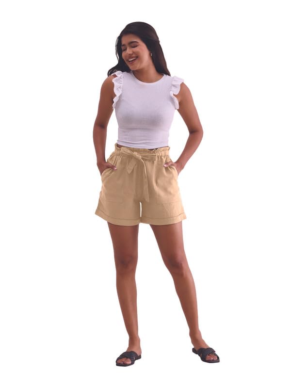 GO COLORS Women Solid Khaki High Rise Linen Shorts