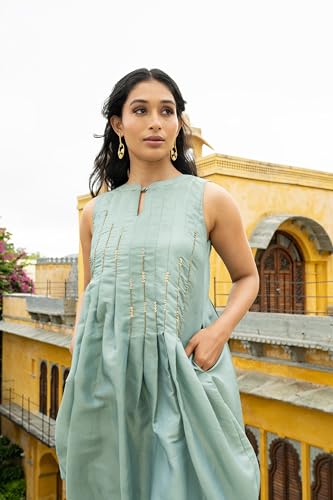 MIORAH Ethnic Dress for Women & Girls, Traditional Zari Tissue One-Piece Dress for Women’s, Stylish Half Dress for Parties, Functions and Festivals, Mini Dress (Colour- Powder Blue, Size- 2XL)