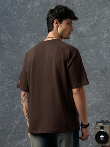 The Souled Store NASA: Man On The Moon Men and Boys Short Sleeve Round Neck Dark Brown Embellished Casual Lightweight Drop Shoulder Streetwear Trendy Oversized T-Shirts