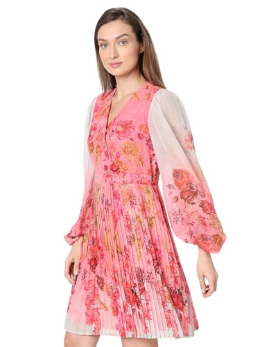 VERO MODA Women Floral Print Pink Polyester Knee Length Fit and Flare Dress