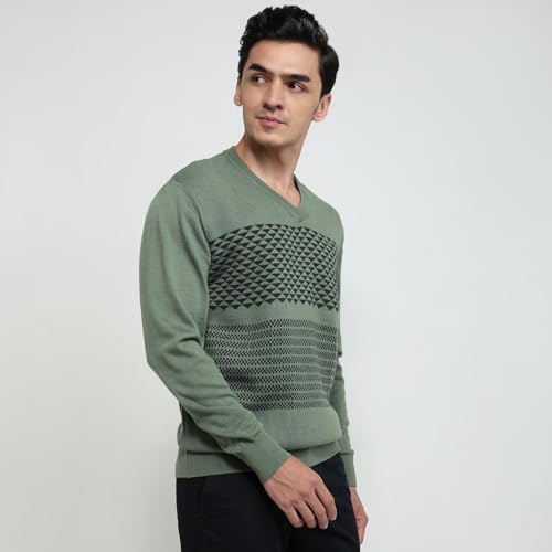 Colorplus Men Regular Fit Jacquard Pattern Merino Wool Acrylic Blend Full Sleeve V Neck Casual Sweater