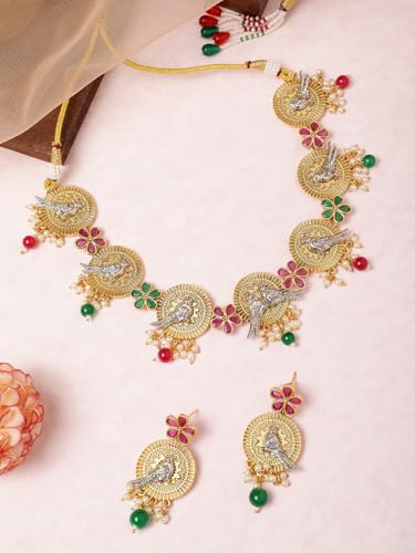Mansiyaorange Two-Tone Plated Ruby Pearls Studded Bird Choker Necklace and Earrings Jewelry Set For Women Girls