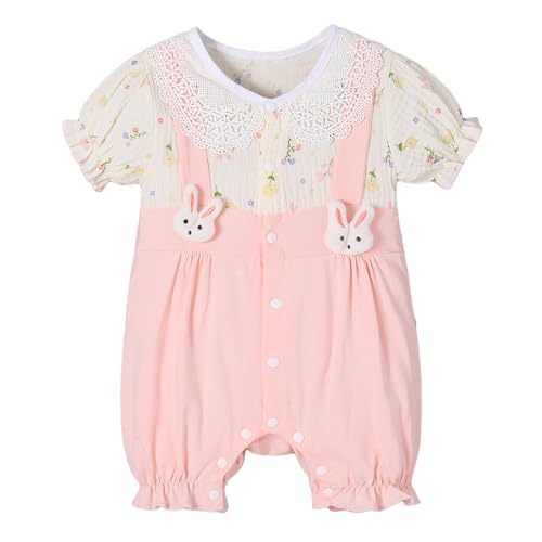 Hopscotch Girls Short Sleeves Pink Lace Collar Floral Cotton Romper For Ages (9-12 Months)