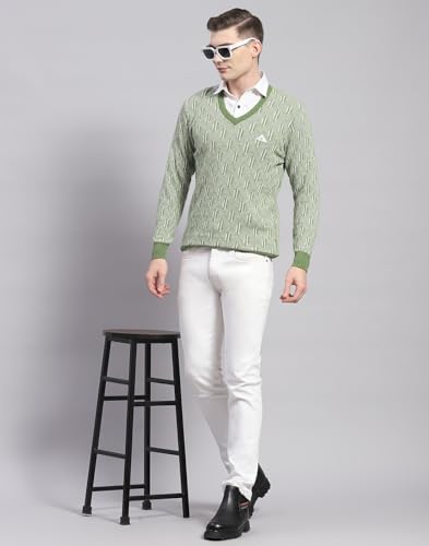 Monte Carlo Mens Green Solid V Neck Full Sleeve Wool Blend Casual Sweater (1239177VN-2-40)