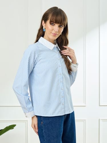 Latin Quarters Women's Blue Full Sleeves Collar Neck Casual Stripes Shirt_S