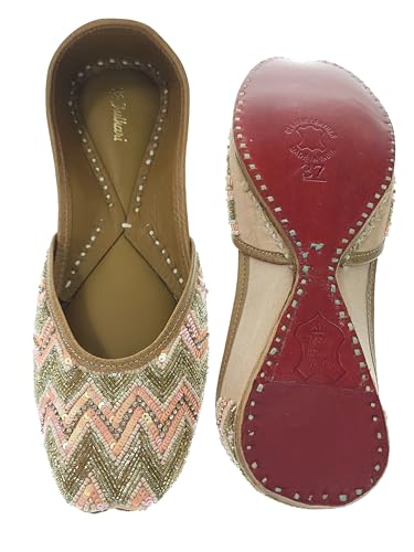Fulkari Women's Zigzag Peach Gold Soft Leather Embroidered Jutis | Bite and Pinch Free Jutti | Punjabi Formal Juttis | Girl's Wedding Flat Mojari | Formal Ethnic Juti | 36