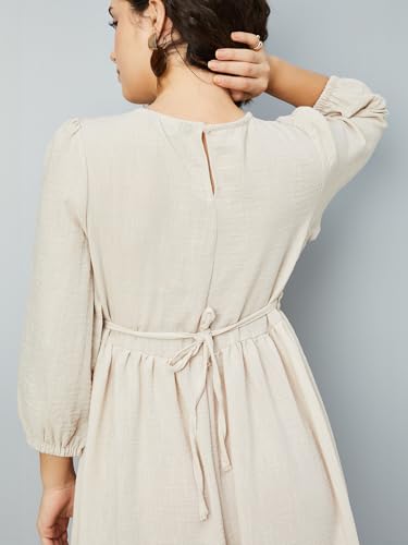 Max Women's Polyester A-Line Midi Dress (DTI3604_Beige