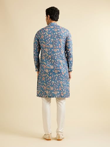 Manyavar Men's Viscose Blend Floral Print Kurta (Mid Blue,M)