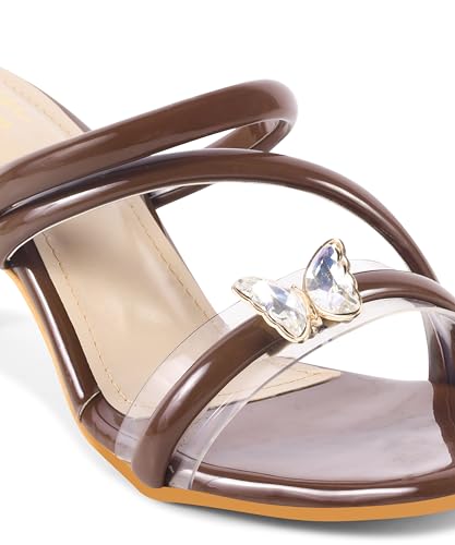 JM LOOKS Women's Kitten Heeled Sandal Open Square Toe Slip-On Transperent Strap with Embellished Butterfly for Wedding Party Prom - Brown