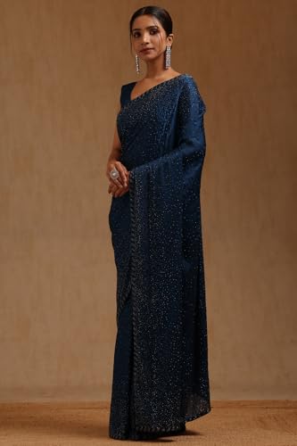 Soch Womens Blue Crepe Saree With Stone Work