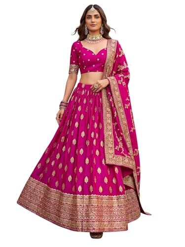 Zeel Clothing Women's Sequins Zari Embroidered Art Silk Lehenga Choli with Dupatta (5111-Pink-Womens-Lehenga-Choli; Free Size) (Pink)