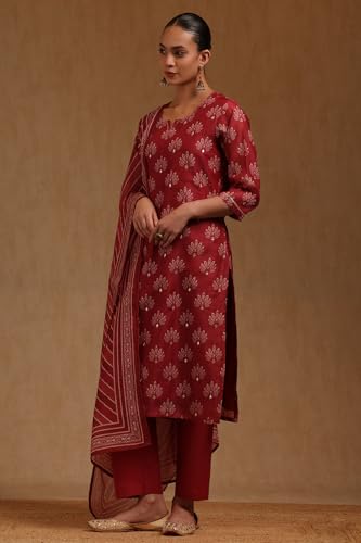 Soch Womens Brick Red Chanderi Floral Printed Salwar Suit With Zari