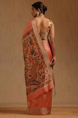 Soch Womens Peach Tussar Floral Zari Woven Saree