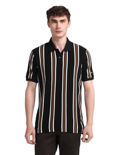 Arrow Sports Men's Black Striped Collared Neck Half Sleeve Casual Cotton Regular Fit T-Shirts (ASAITS3315_Black_3XL)