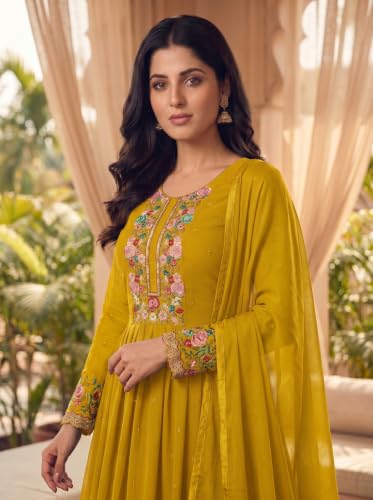 RUDRAPRAYAG Anarkali Georgette and Santoon Maxi Gown for Women | Long Anarkali Gown for Women Semi-Stitched Yellow