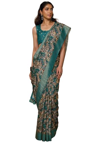 Soch Womens Teal Chanderi Floral Print Saree With Tassels