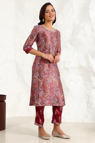 W for Woman Wine Paisley Printed Japanese Satin Embroidered Neck Kurta with Straight Pants with Dupatta (Size: XXL)-24AUWS11968-124645
