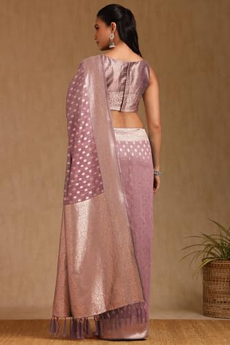 Soch Womens Onion Pink Tussar Floral Print Saree With Zari Woven
