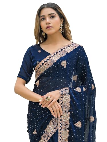 Satrani Women's Shimmer Chiffon Dual Tone Embroidery Scalloped Border Stone Work Saree with Unstitched Blouse Piece (4748S132N_Peacock Blue)