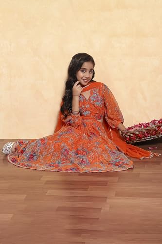Biba Girl's Orage Polyester Prited Kalidar Lehega Set