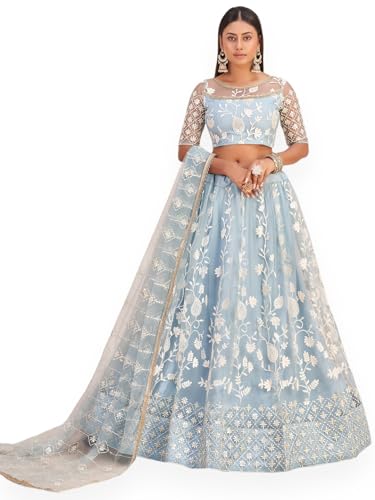 Zeel Clothing Womens Net Lehenga Choli Semi-Stitched Skyblue Wedding Bridal Free Size