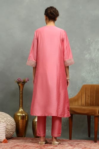 Rangriti Women Pink Viscose Blend Embroidered Kalidar Suit Set_32