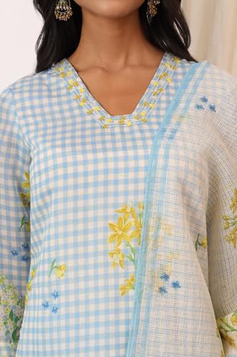 W for Woman Blue Checker Chanderi Straight Kurta, Pants and Dupatta Set (Size: S)-WS12497-125420