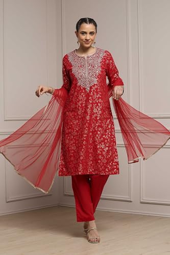 Biba Women Green-Maroon Cotton Straight Printed Suit Set_34