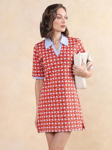 Rareism Women's Cotton Ribbed Collar Geometric Print Midi Relaxed Fit Dress