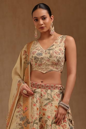 Soch Womens Beige Tissue Botanical Print Ghagra Choli With Thread Work