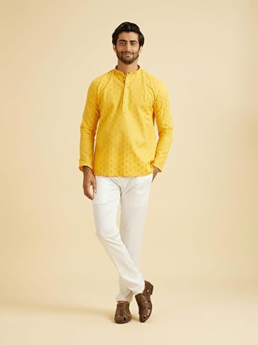 Manyavar Men's Cotton Jacquard| Thread Work Short Kurta (Mustard,M)