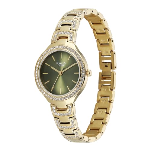 Titan Raga Spotlight with Quartz Analog Green Dial Gold Brass Strap Watch for Women - 95428YM01