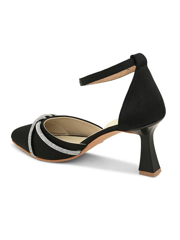XE Looks Black Women's Fashion Sandals | Faux Leather Attractive and Trendy Block Heel | or Wedding Occasion Heel Height 3inch| For Women & Girls