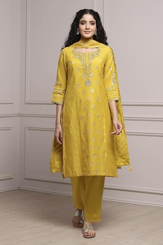 Biba Women Lime Cotton Blend Straight Yarndyed Suit Set_46