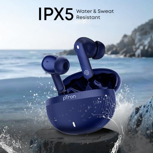 pTron Bassbuds Fury in-Ear TWS Earbuds with 13mm Drivers, 50Hrs Playtime, AI-ENC Clear Calls, Bluetooth V5.4 Wireless Headphones, Voice Assistant, Type C Charging & IPX5 Water Resistant (Blue)