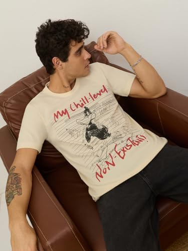 The Souled Store Looney Tunes: My Chill Level Men and Boys Short Sleeves Round Neck Off White Graphic Printed Casual Lightweight Streetwear Trendy T-Shirts