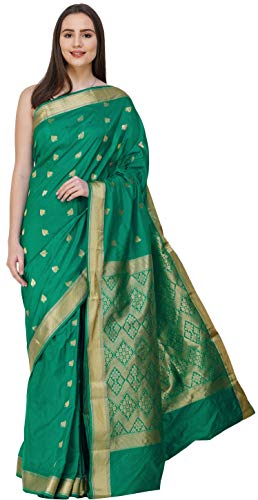 Exotic India Uppada Sari from Bangalore with Zari-Woven Leaves (Green Lake)