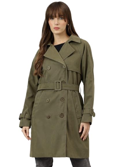 Latin Quarters Women Khaki Full Sleeve Casual Solid Coat_XL