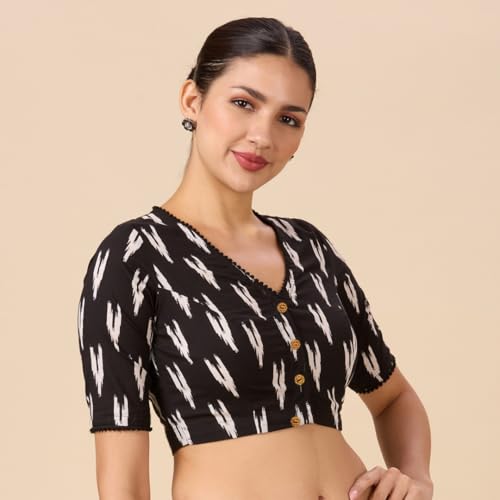 Studio Shringaar Women's Readymade Black Cotton Block Printed Elbow Length Sleeves Saree Blouse (Black, 48)