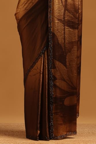 Soch Womens Brown Organza Botanical Saree With Stone Work