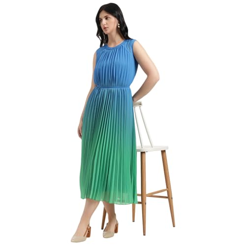 United Colors of Benetton Regular Fit Round Neck Ombre Pleated Dress (Size : M) - 26P4WVNDR328I902 Blue