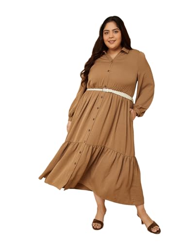 Max Women Textured A-line Tiered Shirt Dress with Belt (Beige_3XL)