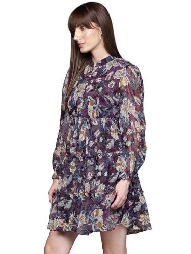 Label RITU KUMAR Burgundy Brigetta Mandarin Collar Short Dress