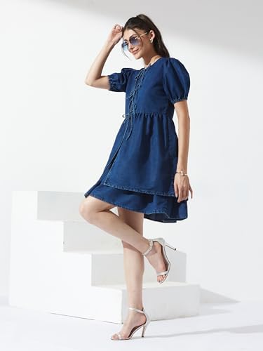 Miss Chase Women’s Round Neck Puff Sleeve Tie-Up Knee-Length Denim Dress (MCAW25DEN04-78-71-05, Navy Blue, L)