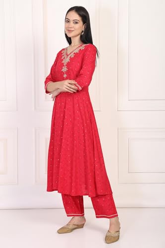 W for Woman Red Floral Print Zari Embroidered A-Line Kurta with Straight Pant (WS10102-125168-L)