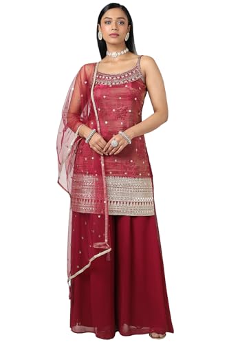 Soch Womens Magenta Tissue Embroidered Suit Set With Sequins