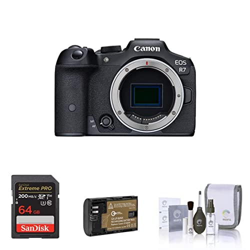 Canon EOS R7 Mirrorless Camera Body, 32.5MP APS-C CMOS Sensor, 4K60 Video, Dual Pixel CMOS AF II, IBIS, Wi-Fi/Bluetooth, Bundle w/ 64GB Card, Filter Kit, Extra Battery, 1-Year Warranty