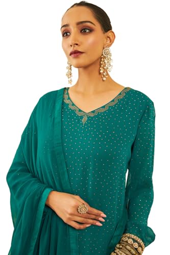Soch Womens Teal Georgette Embellished Suit Set With Stones