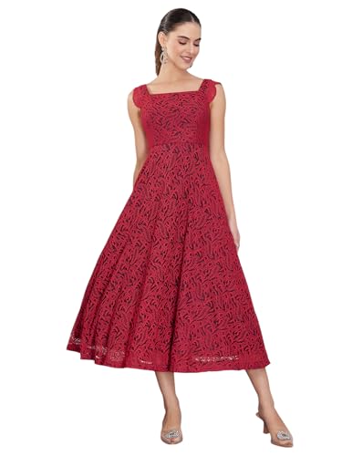 Miss Chase Womens Square Neck Sleeveless Self-Designed Ruffled Midi Lace Dress (MCSS25D16-76-143-04, Maroon, M)